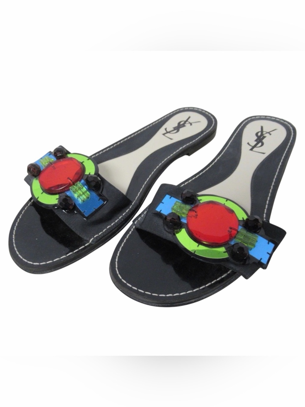 Vintage YVES SAINT LAURENT Patent Slide Sandals with Jewel Accent. Authentic